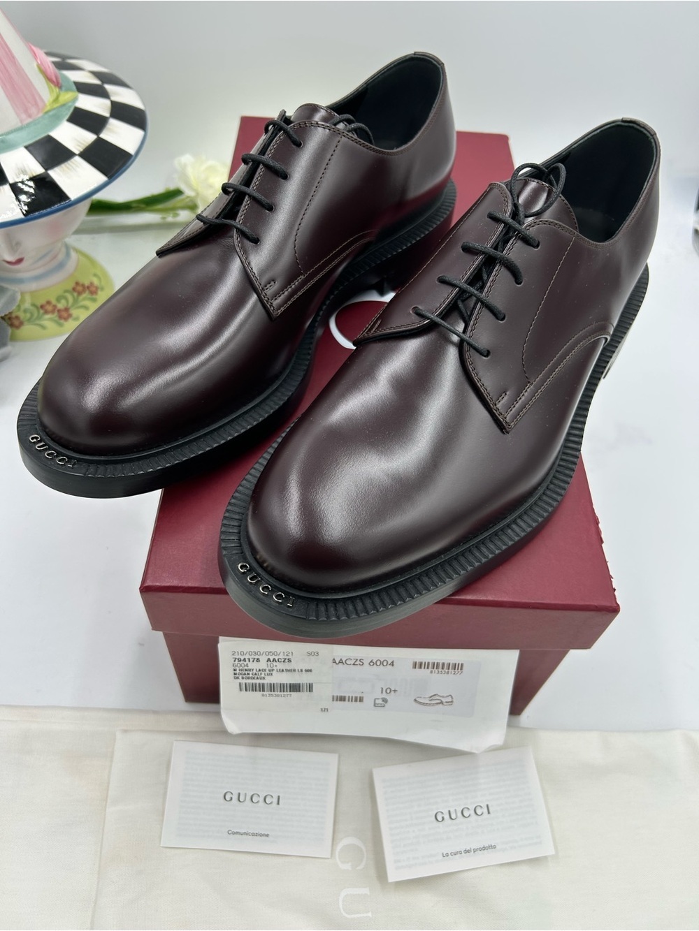 Men's Gucci logo lettering, Cordovan, Derby shoes size 10.5 fits 11 US  NWT